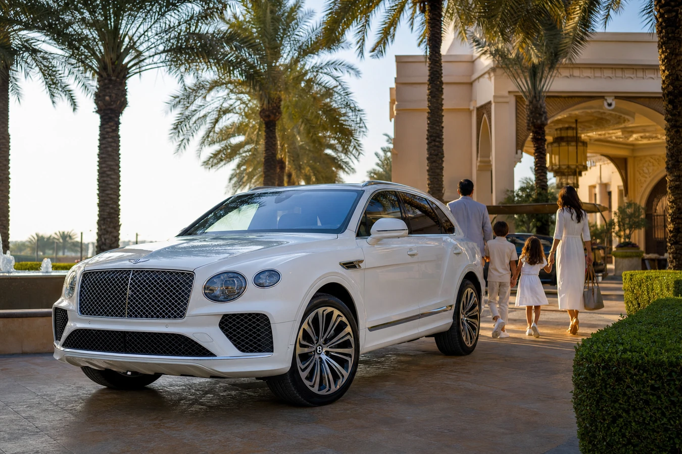 Bentley Bentayga rental Dubai guide hero at a Jumeirah resort forecourt with family arrival mood