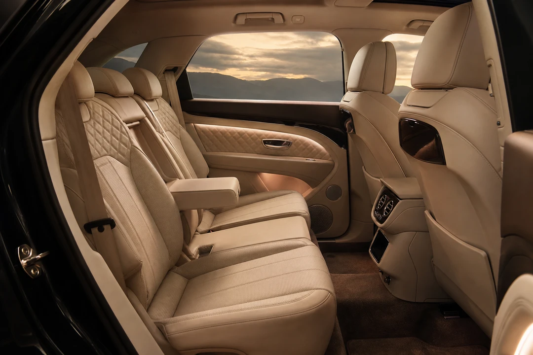 Bentley Bentayga interior rear cabin with quilted leather for family luxury SUV rental Dubai