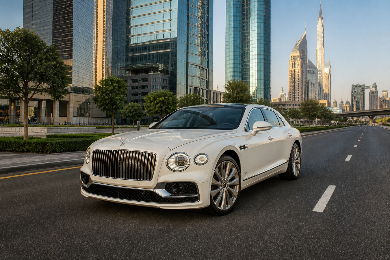 Bentley rental Dubai guide hero with a glacier white Flying Spur at Emirates Towers boulevard in morning light