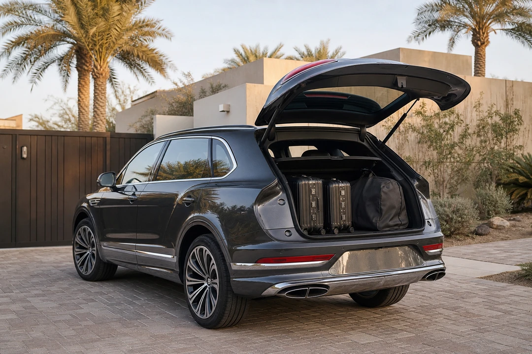 Bentley Bentayga open tailgate with roller cases at a Dubai Hills villa for luxury car rental Dubai packing