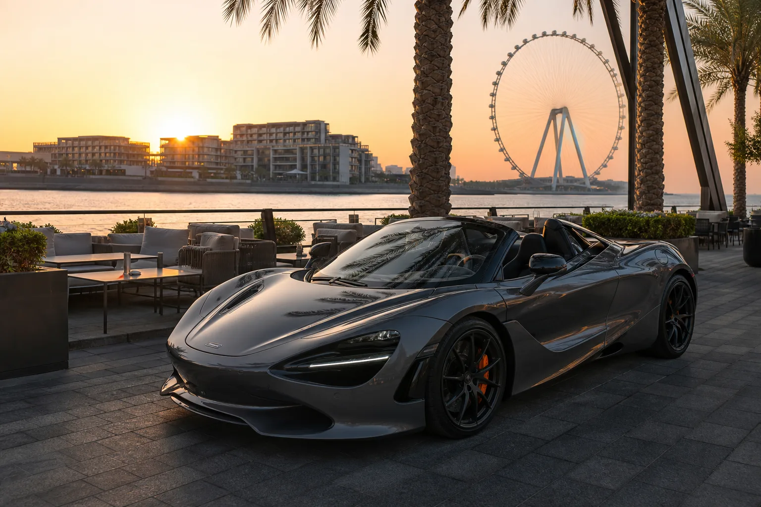 McLaren 750S Spider at Bluewaters Island dining promenade for best cars to rent Dubai nightlife