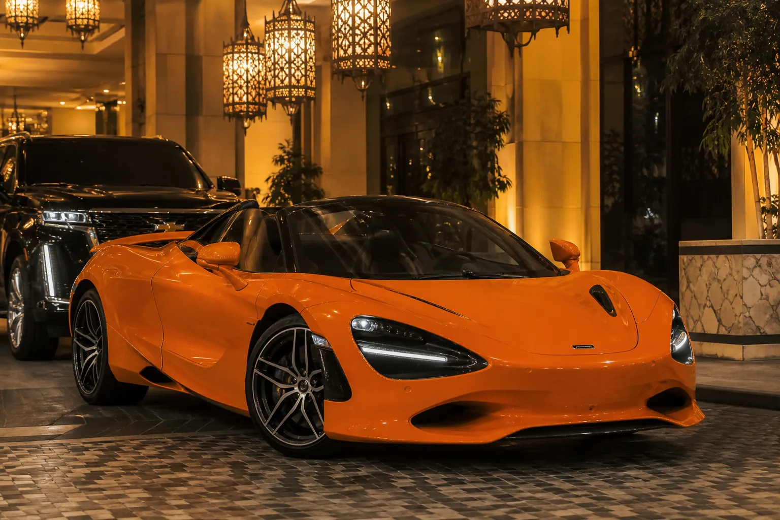 McLaren 750S Spider at Caesars Palace Dubai for luxury car rental Dubai hotel nights