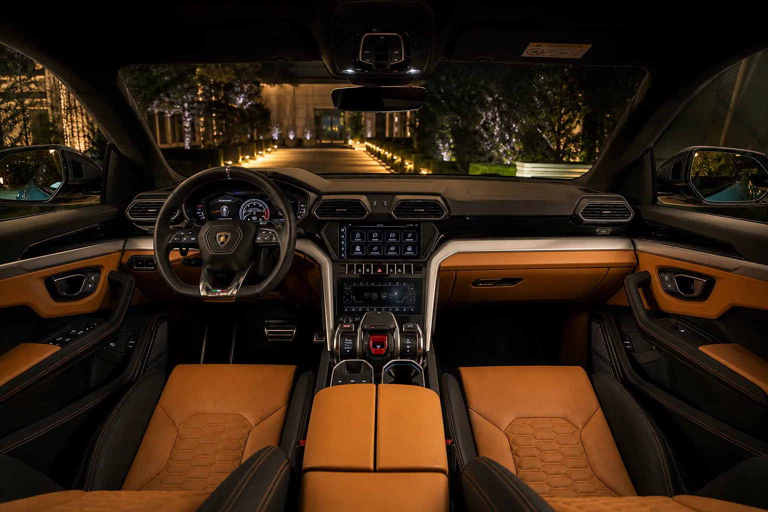 Lamborghini Urus cabin for UAE road trip rental bags after a Bluewaters hotel stay