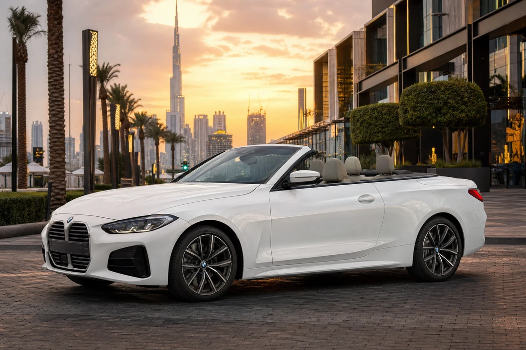 BMW 430i Convertible at City Walk Dubai dusk for open-top evening plans
