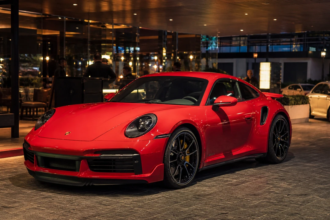 Porsche 911 at a City Walk restaurant valet for best cars to rent Dubai dining plans