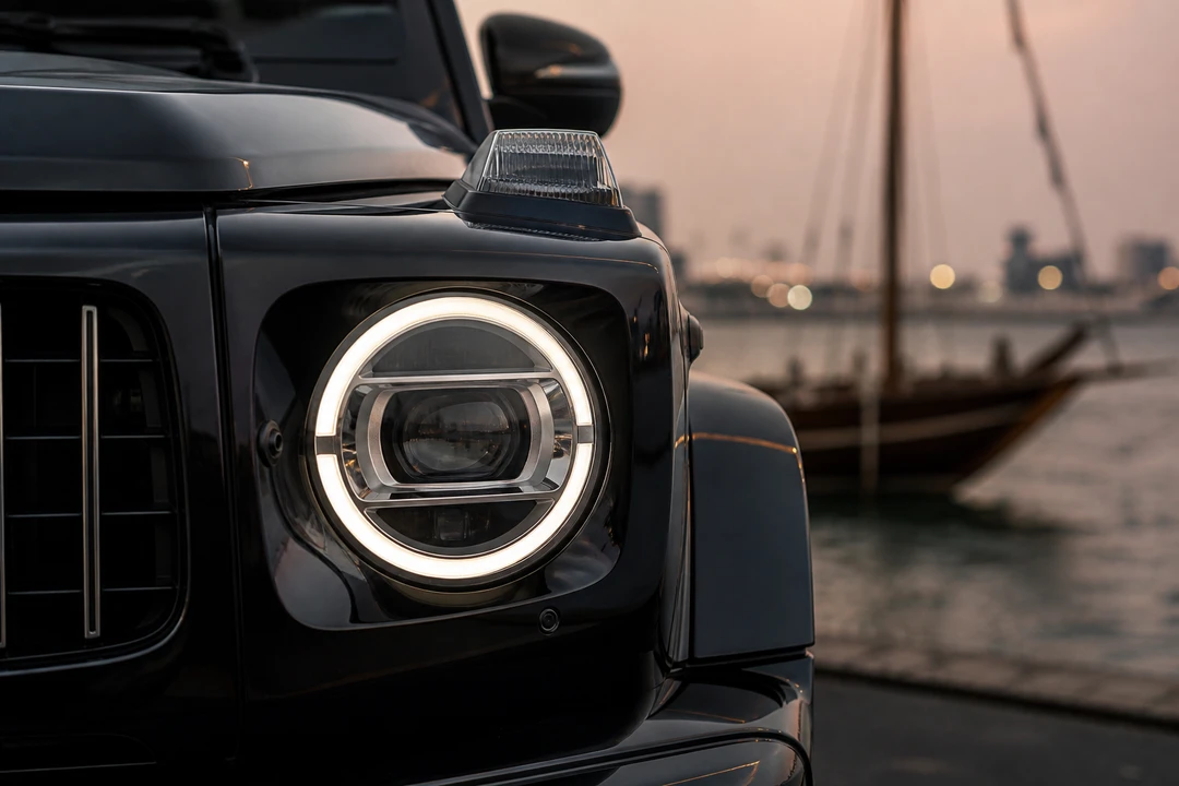 Mercedes-Benz G63 round headlamp detail for car rental Deira Dubai luxury identity