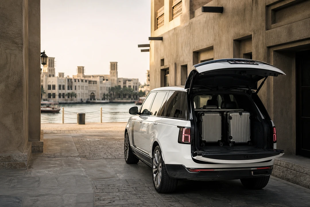 Dubai car delivery: Range Rover tailgate with hard cases at a Deira creek hotel porte-cochère