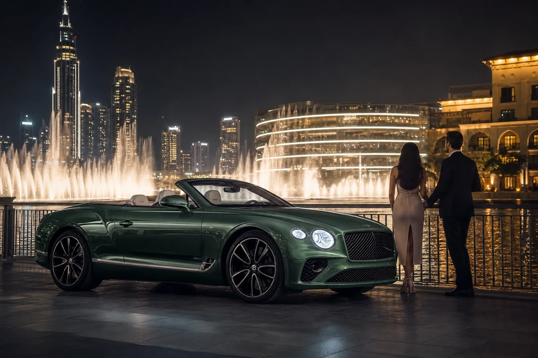 Bentley Continental GTC Speed convertible at a Downtown Dubai waterfront evening setting