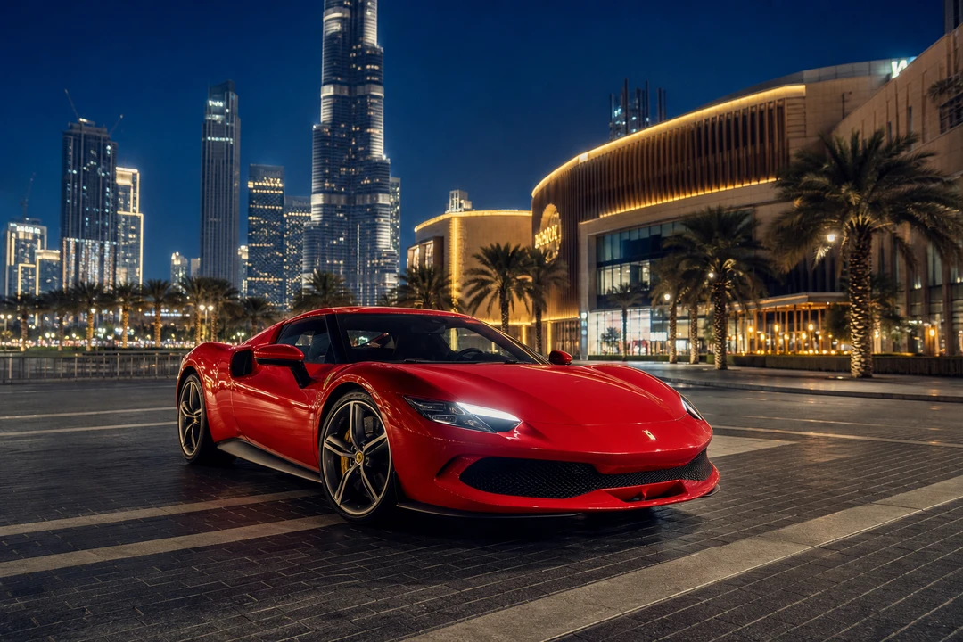 Ferrari 296 GTB exterior for supercar delivery Downtown Dubai and skyline dinners