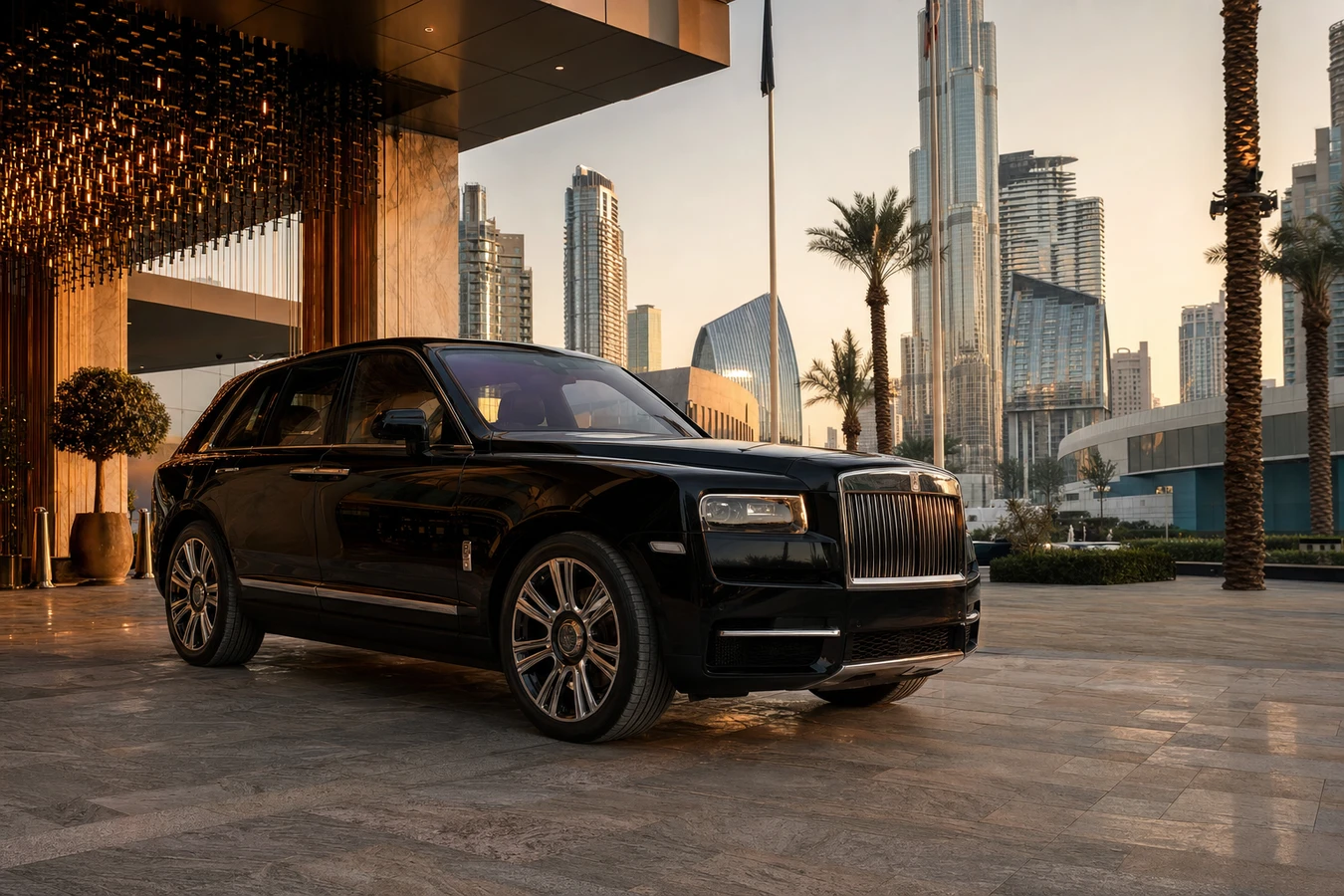 Best car to rent in Downtown Dubai with Rolls-Royce Cullinan at Burj Khalifa skyline for hotel valet