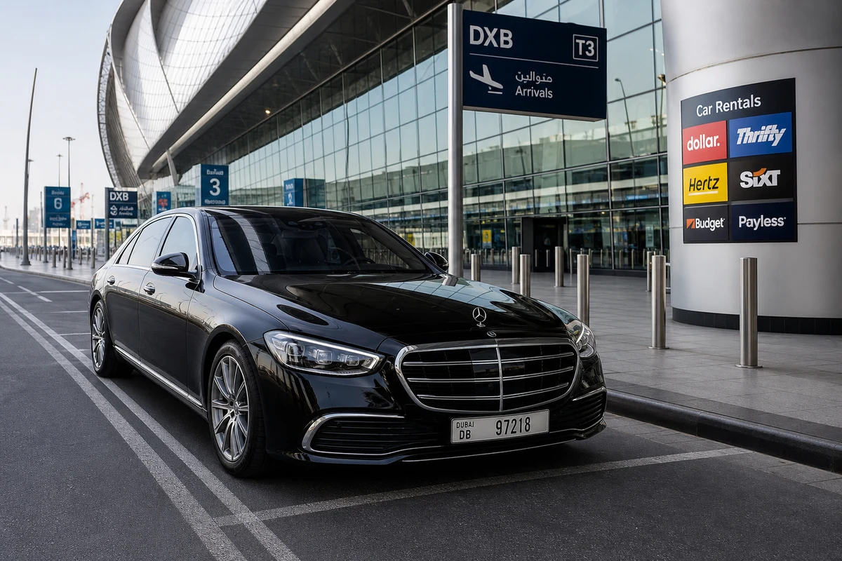 Executive sedan at DXB luxury car handover curbside for Dubai Airport car rental guide business arrivals