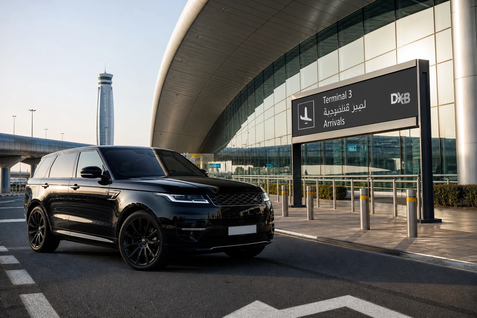 Best car to rent from Dubai Airport DXB guide hero with luxury SUV at Terminal 3 arrivals
