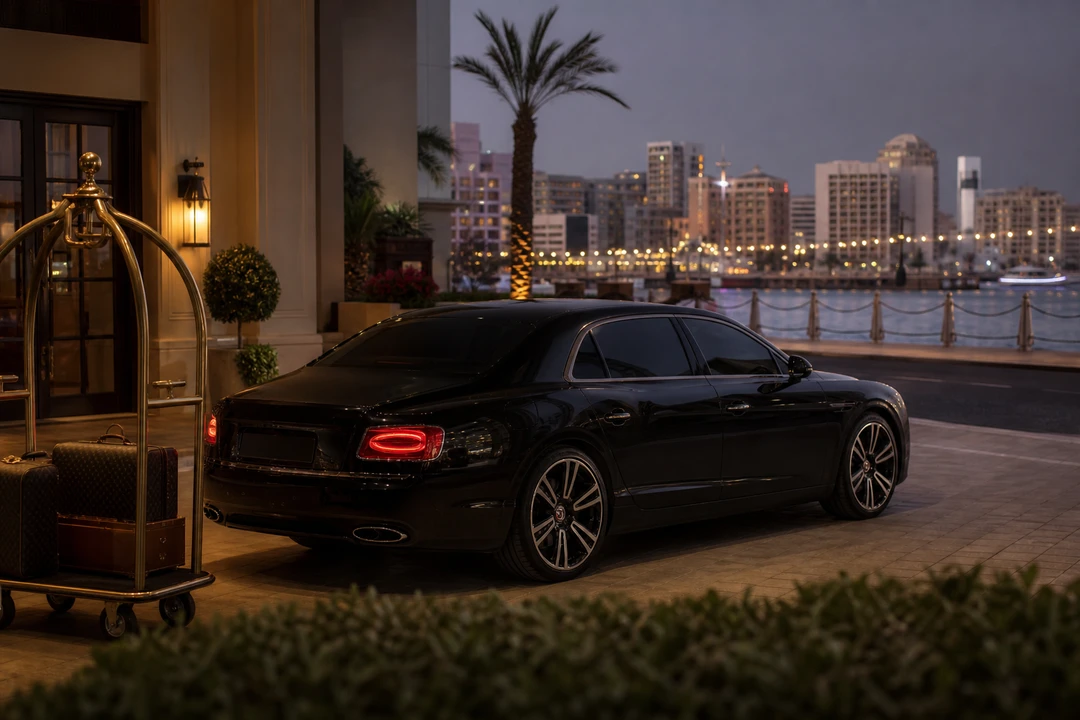 Waterfront car delivery Dubai with Bentley Flying Spur at a creek-side hotel entrance at dusk