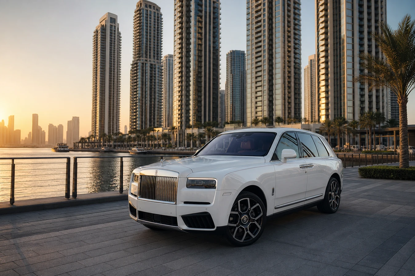 Best car to rent in Dubai Creek Harbour hero with Rolls-Royce Cullinan on the waterfront promenade at golden hour