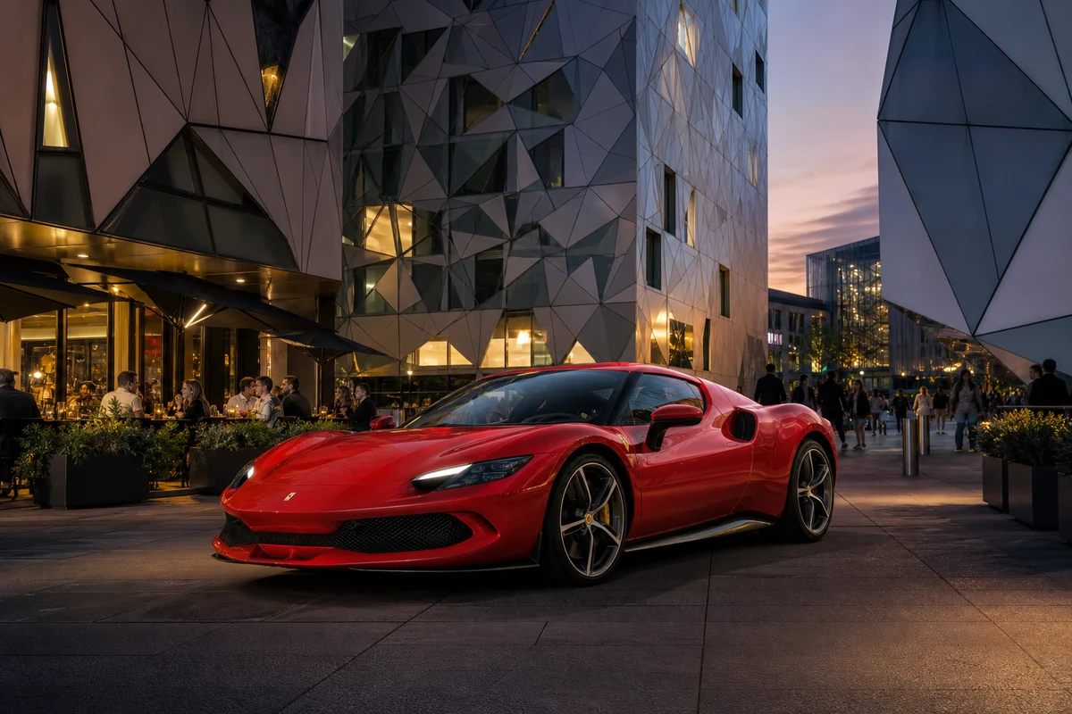 Ferrari 296 GTB at dusk among Dubai Design District terraces for creative-hub evenings