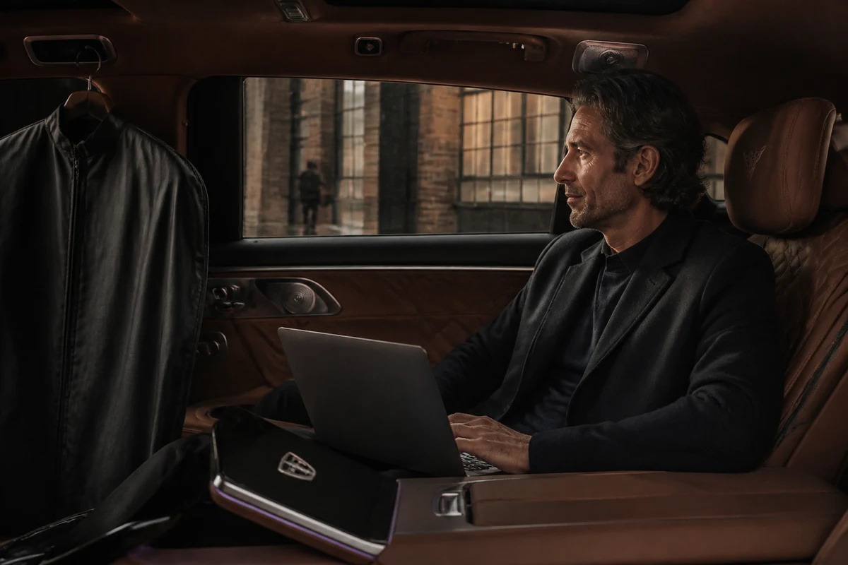 Maybach rear cabin for luxury car rental Dubai Design District studio-to-Business Bay hops