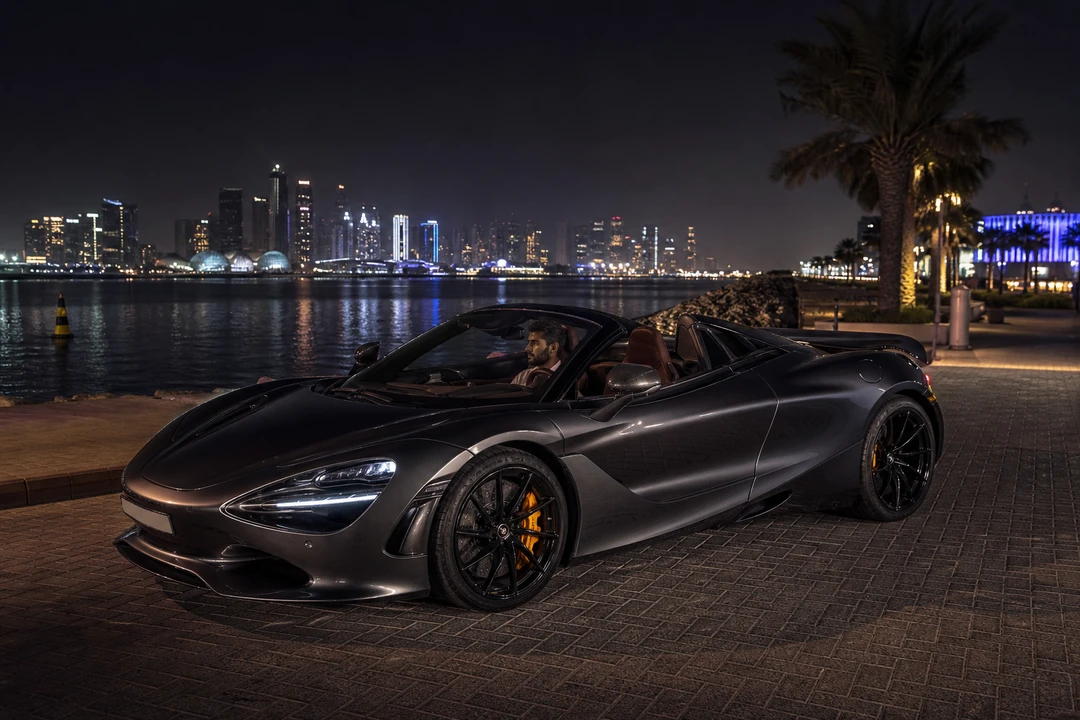 McLaren 750S Spider on the Dubai Harbour promenade at night for best cars to rent Dubai evening plans