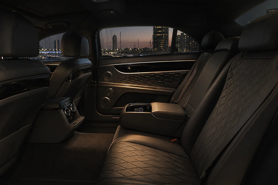 Bentley Flying Spur rear cabin for luxury car rental Dubai hotel weeks near Dubai Harbour