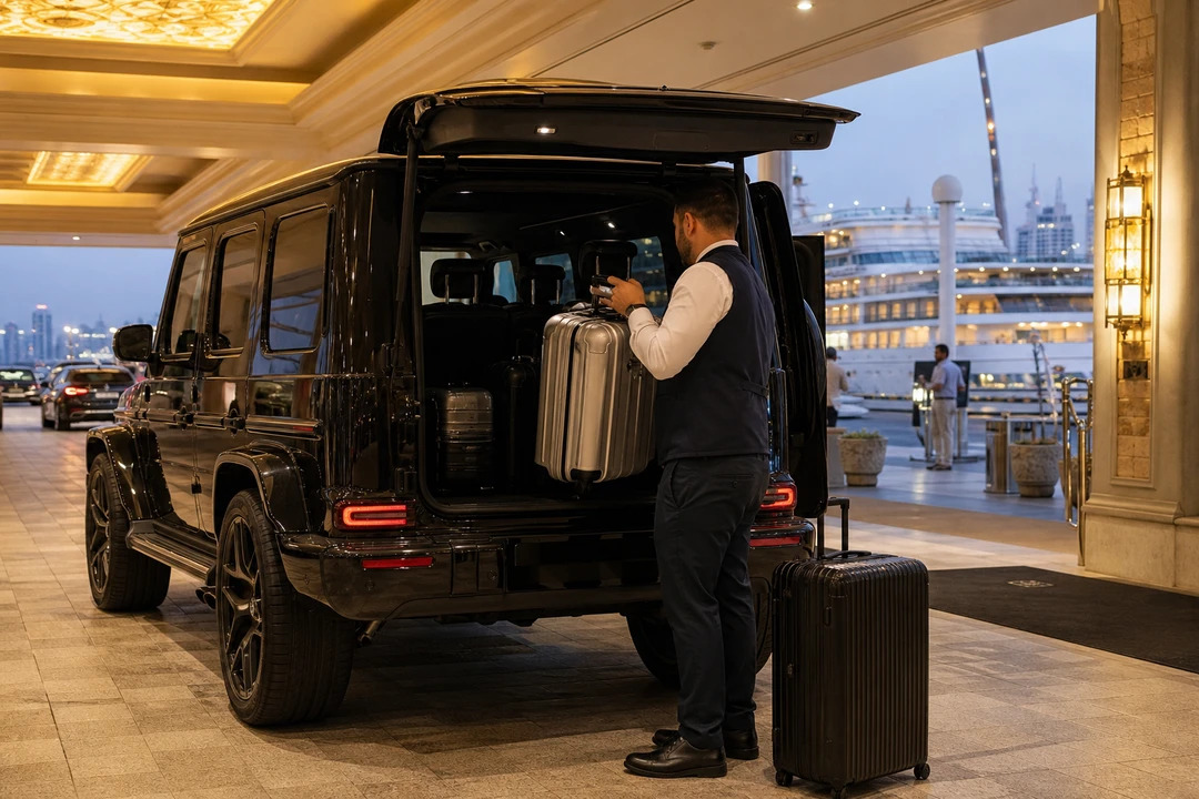 Mercedes-Benz G63 with luggage at a hotel porte-cochère for Dubai car delivery before a cruise embarkation