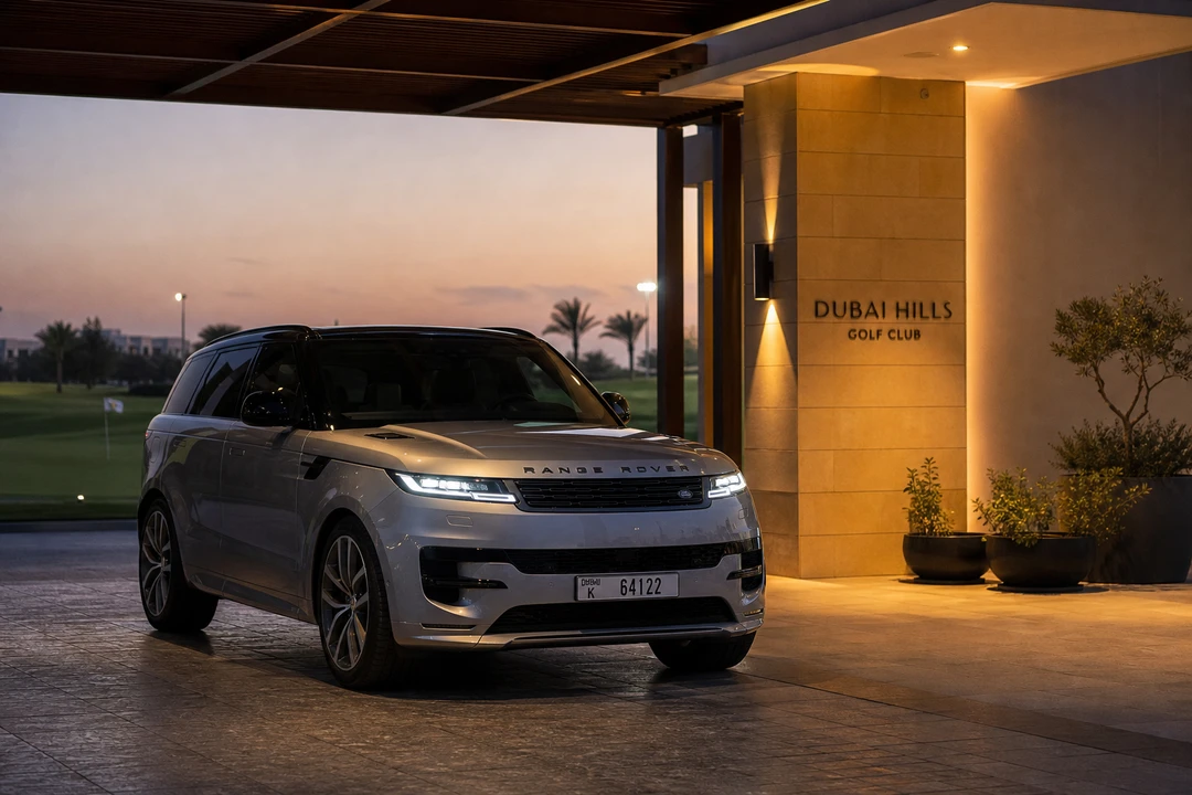 Range Rover at Dubai Hills golf club porte-cochere for best cars to rent Dubai community evenings