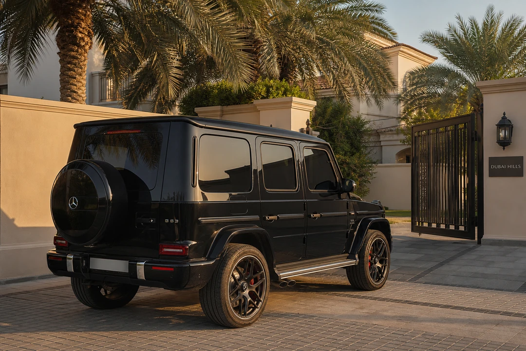 Mercedes-Benz G63 at a gated Dubai Hills villa entrance for luxury car rental Dubai