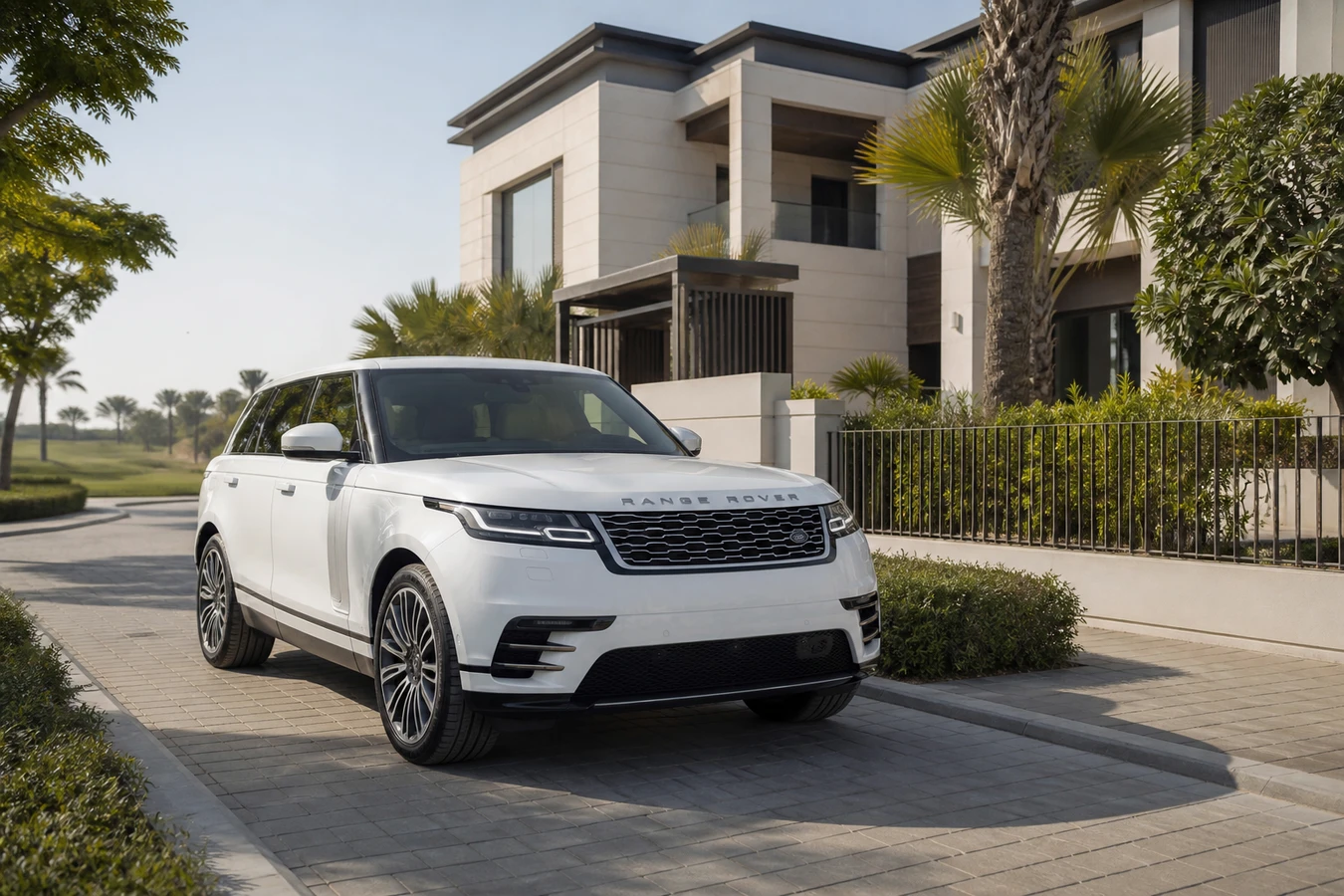 Car rental Dubai Hills luxury hero with a Range Rover on a villa driveway at morning light