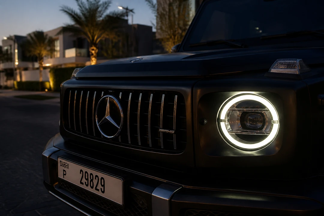 Mercedes-Benz G63 grille detail on a quiet Dubai Hills community street at dusk