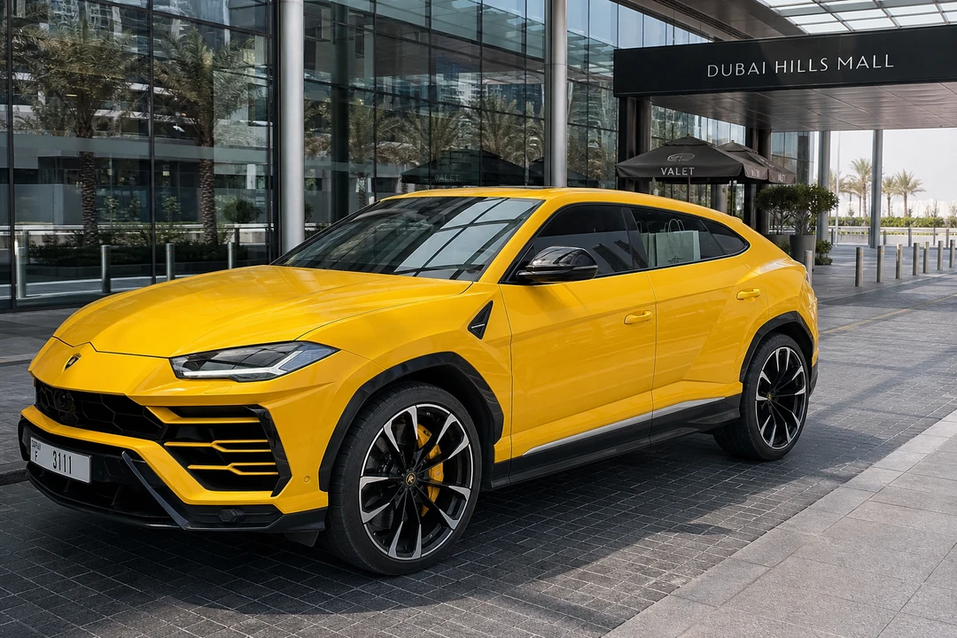Lamborghini Urus at Dubai Hills Mall drop-off for Dubai car delivery and mall trips