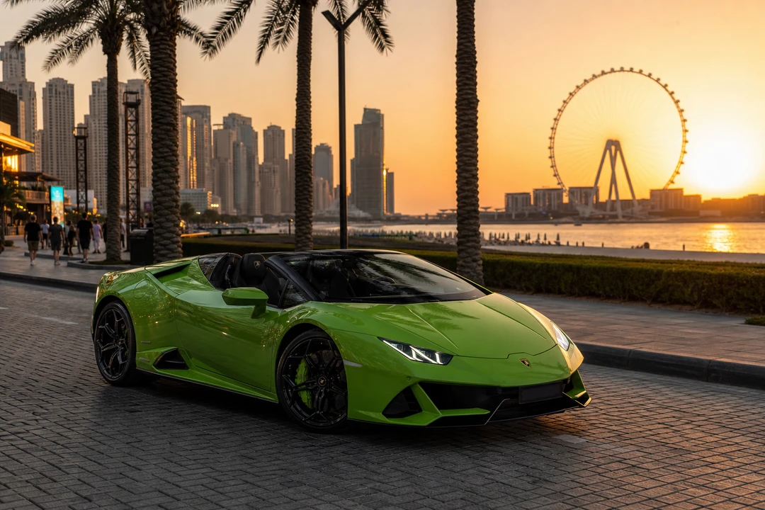 Lamborghini Huracan Spyder on JBR The Walk for Dubai Marina lifestyle evening drives