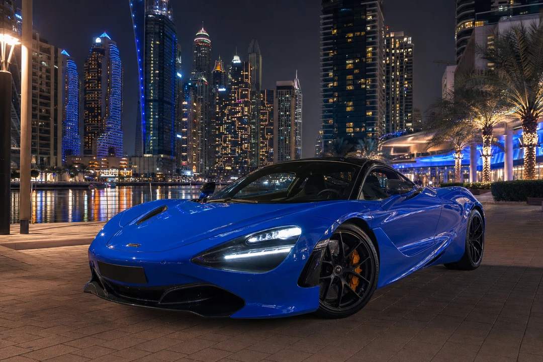 McLaren 720S on Dubai Marina Walk at night for evening supercar rental plans