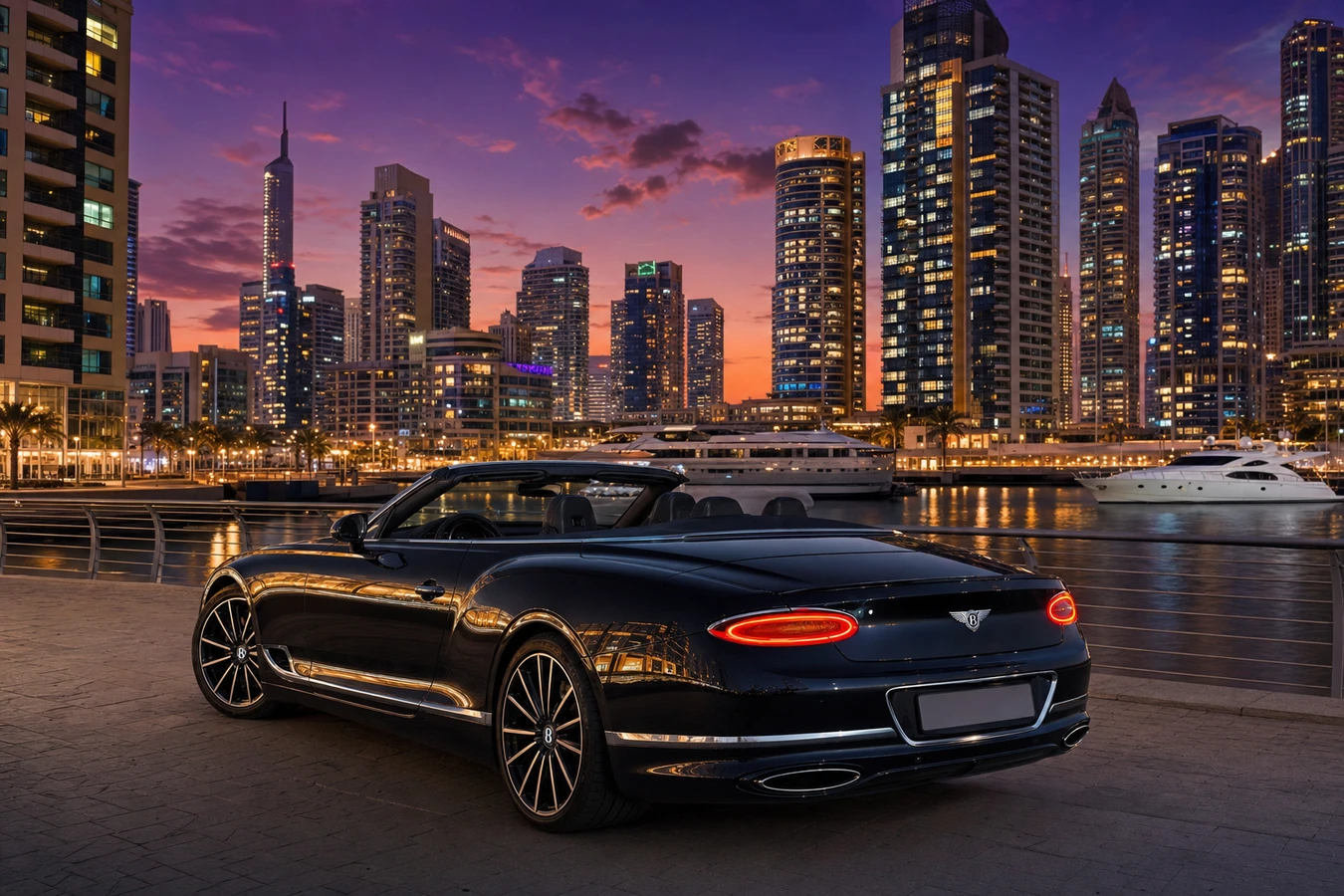 Best car to rent in Dubai Marina with Bentley Continental GTC at yacht basin blue hour