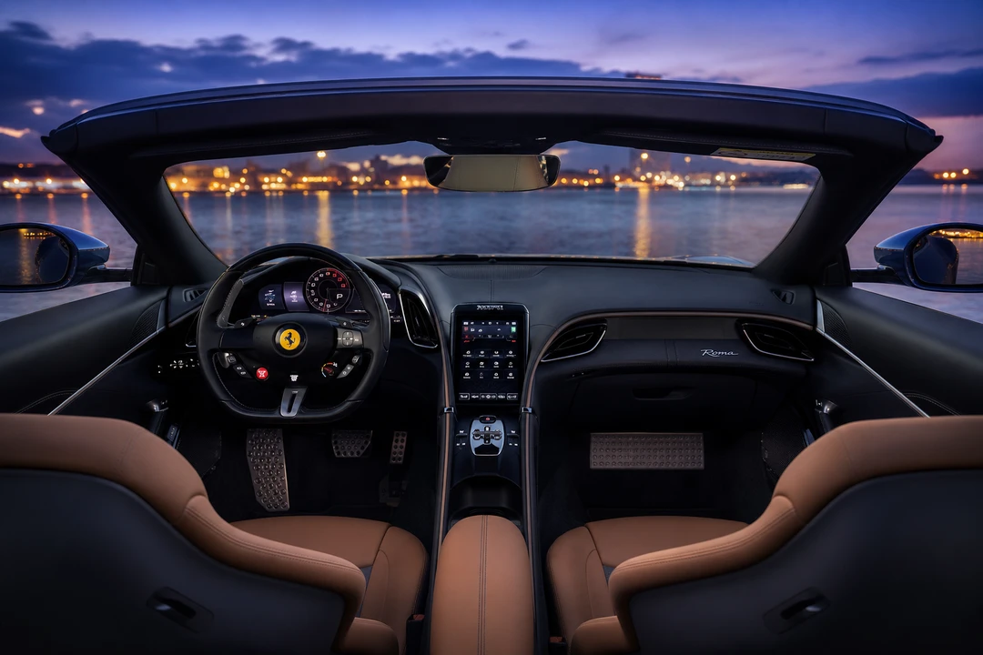 Ferrari Roma Spider interior with roof down for convertible rental Dubai Marina evenings