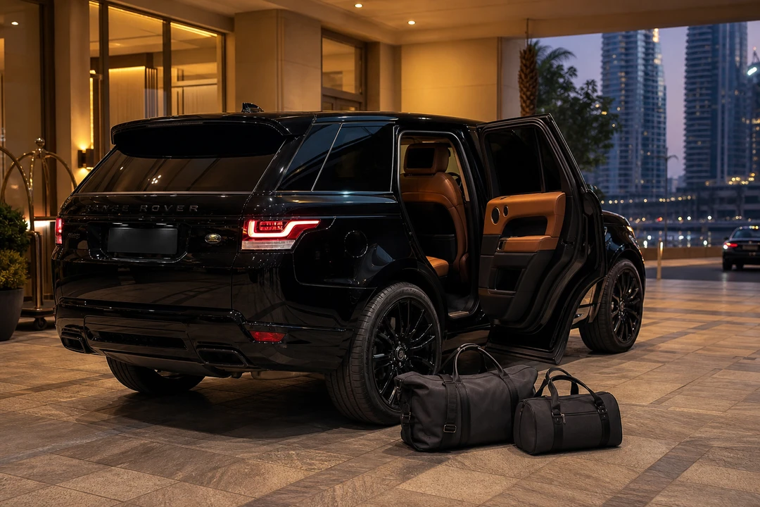 Range Rover Sport at Marina hotel valet with luggage for waterfront stay practicality
