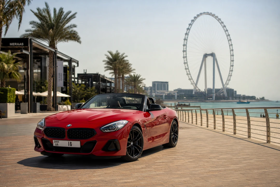 Convertible on JBR The Walk with beach and Ain Dubai skyline for best car to rent in JBR plans
