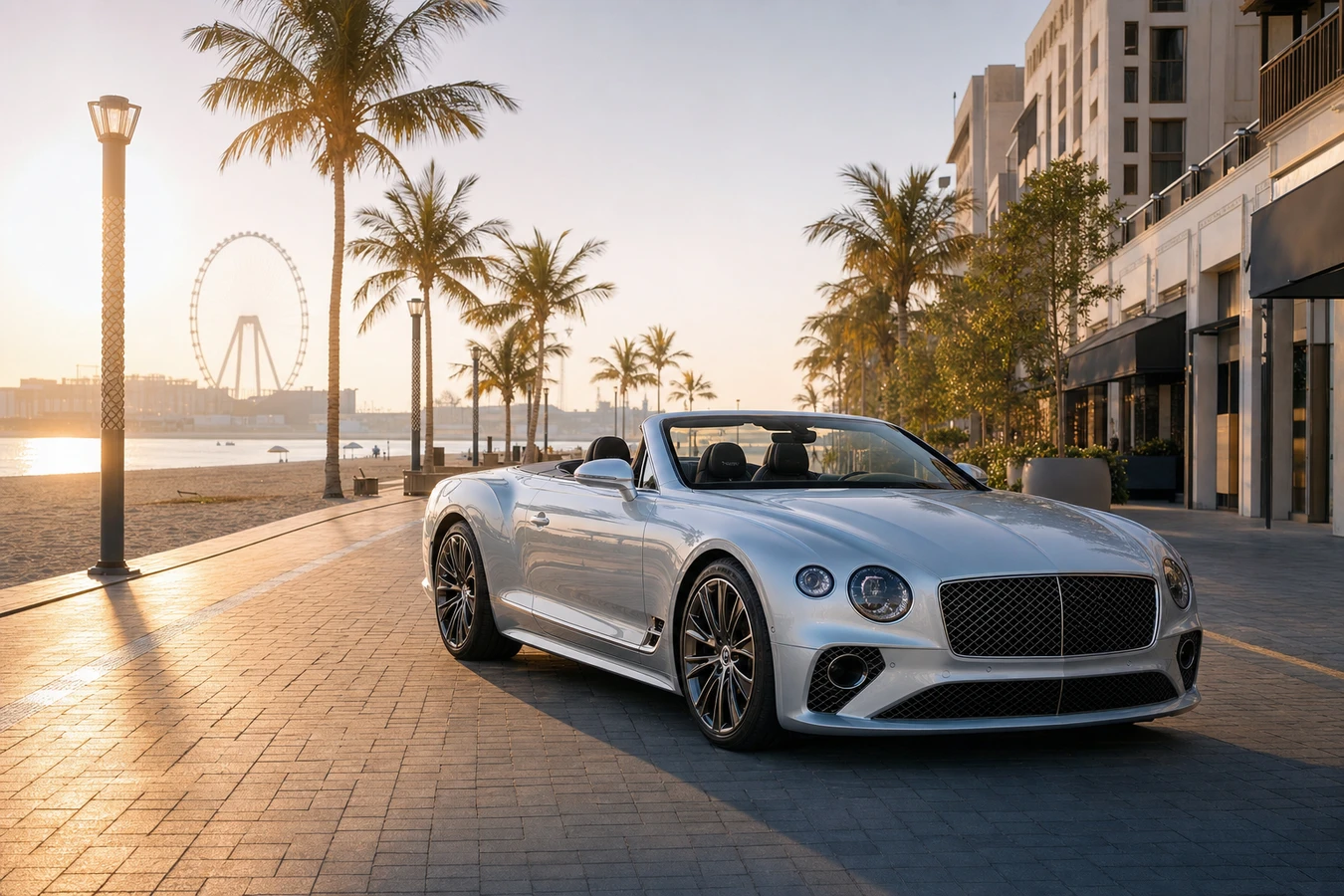 Best car to rent in JBR Dubai with Bentley Continental GTC on The Walk at morning golden hour