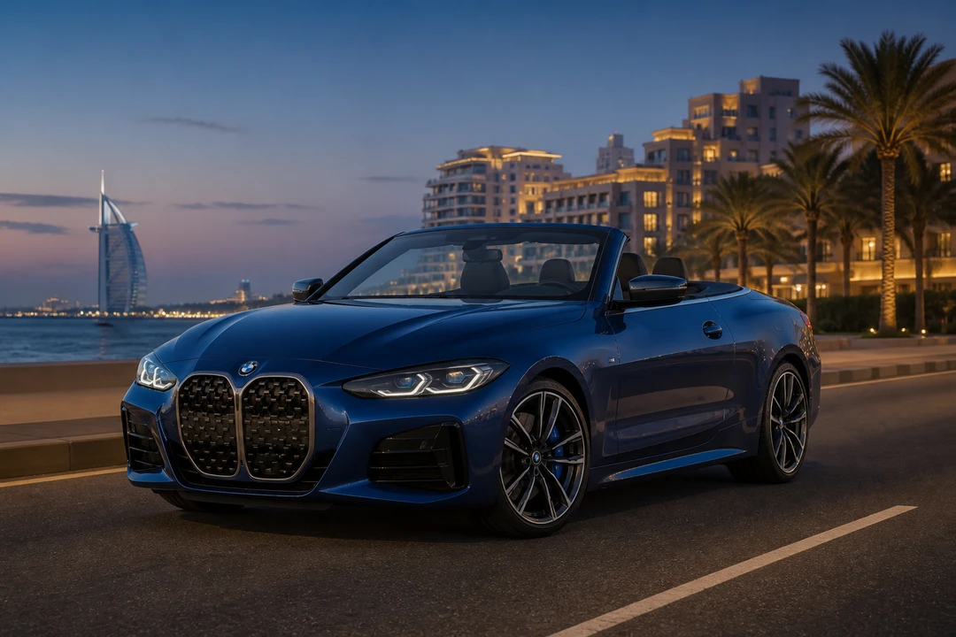 BMW 430i Convertible on Jumeirah Beach Road at blue hour for convertible rental Jumeirah