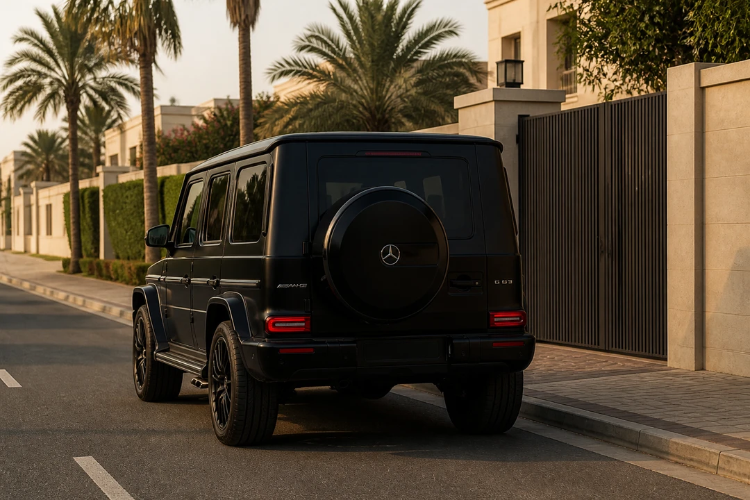 Mercedes-Benz G63 at a Jumeirah 2 villa gate for villa car delivery Dubai