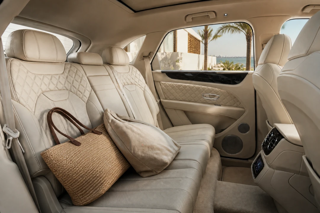 Luxury SUV rear cabin with soft beach bags for luxury SUV Jumeirah family stays