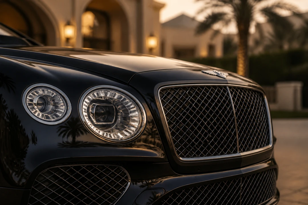 Bentley Bentayga grille detail against Jumeirah villa architecture for Jumeirah car rental guide