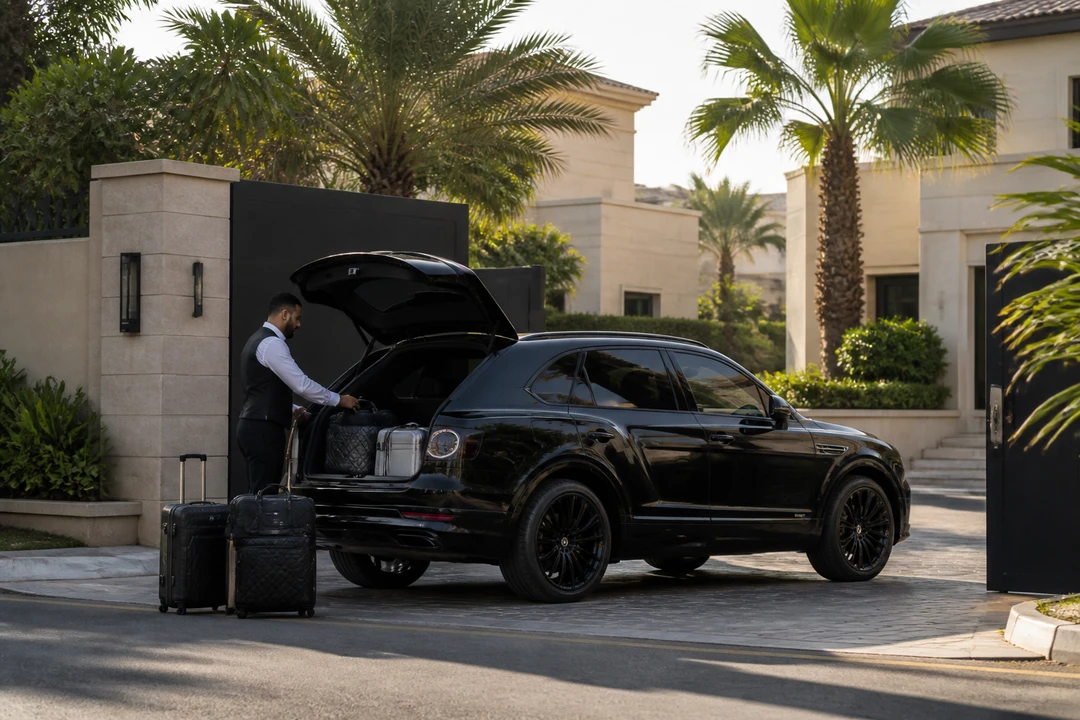 Luxury SUV at a Jumeirah villa driveway with soft luggage for villa car delivery Dubai