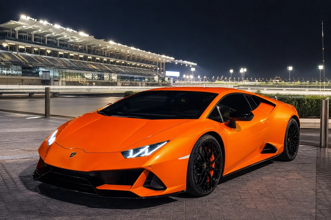 Lamborghini Huracan EVO Coupe at Meydan Racecourse valet for luxury car rental Dubai event arrivals