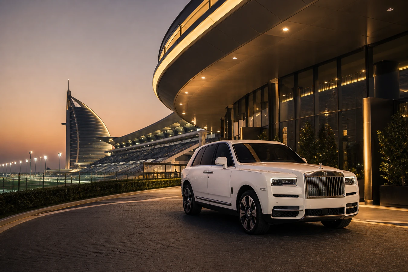 Luxury car rental Meydan Dubai hero with a Rolls-Royce Cullinan at The Meydan Hotel drop-off at dusk