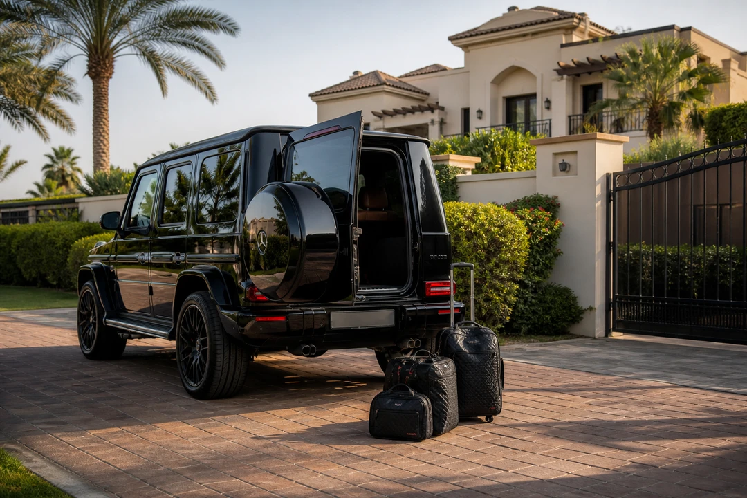 Mercedes-Benz G63 at a Meydan gated residence with luggage for Dubai car delivery planning