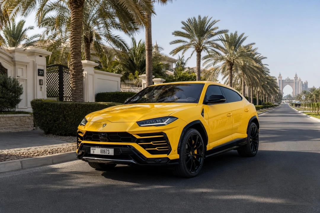 Lamborghini Urus on Palm Jumeirah frond road for Palm Jumeirah car rental guide villa plans