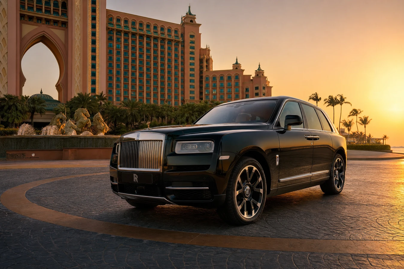 Best luxury car to rent in Palm Jumeirah Dubai with Rolls-Royce Cullinan at Atlantis resort forecourt