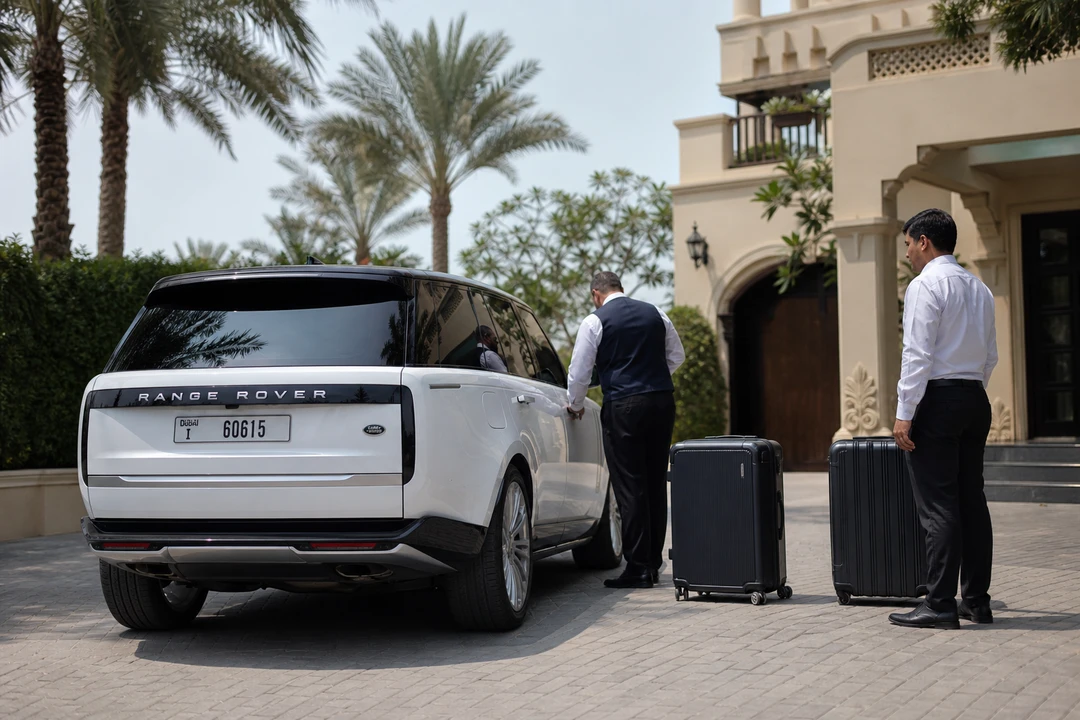 Range Rover at Palm Jumeirah villa driveway with luggage for Palm villa car delivery