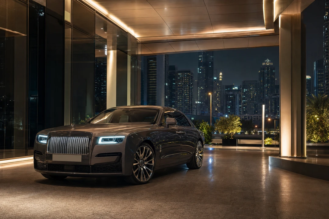 Rolls-Royce Ghost at a Business Bay hotel porte-cochere for Business Bay hotel delivery plans