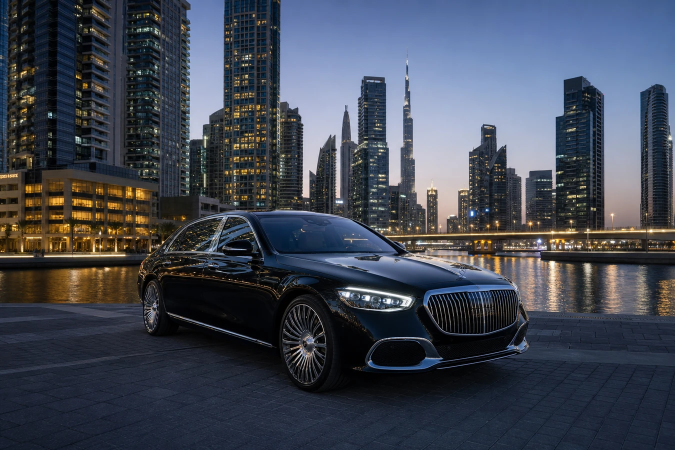 Best executive car to rent in Dubai Business Bay hero with Maybach sedan at canal towers blue hour
