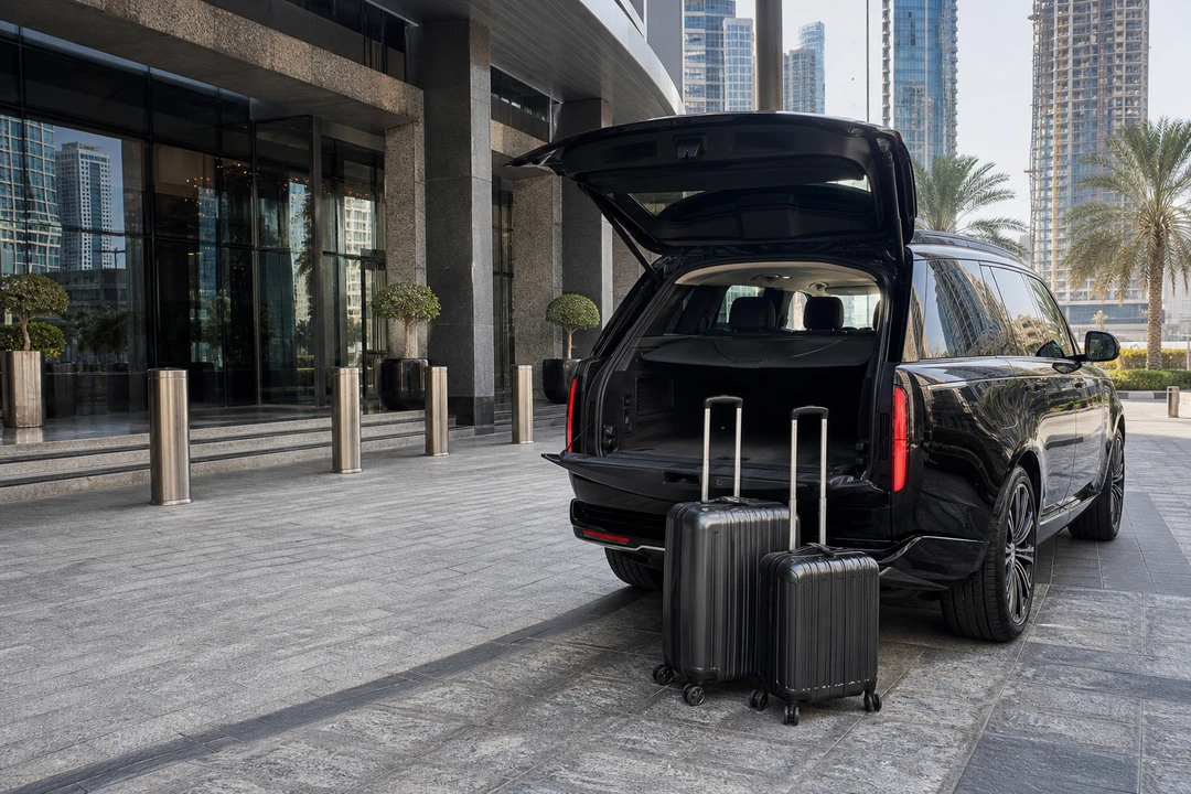 Luxury SUV with business roller cases at a Business Bay office tower podium