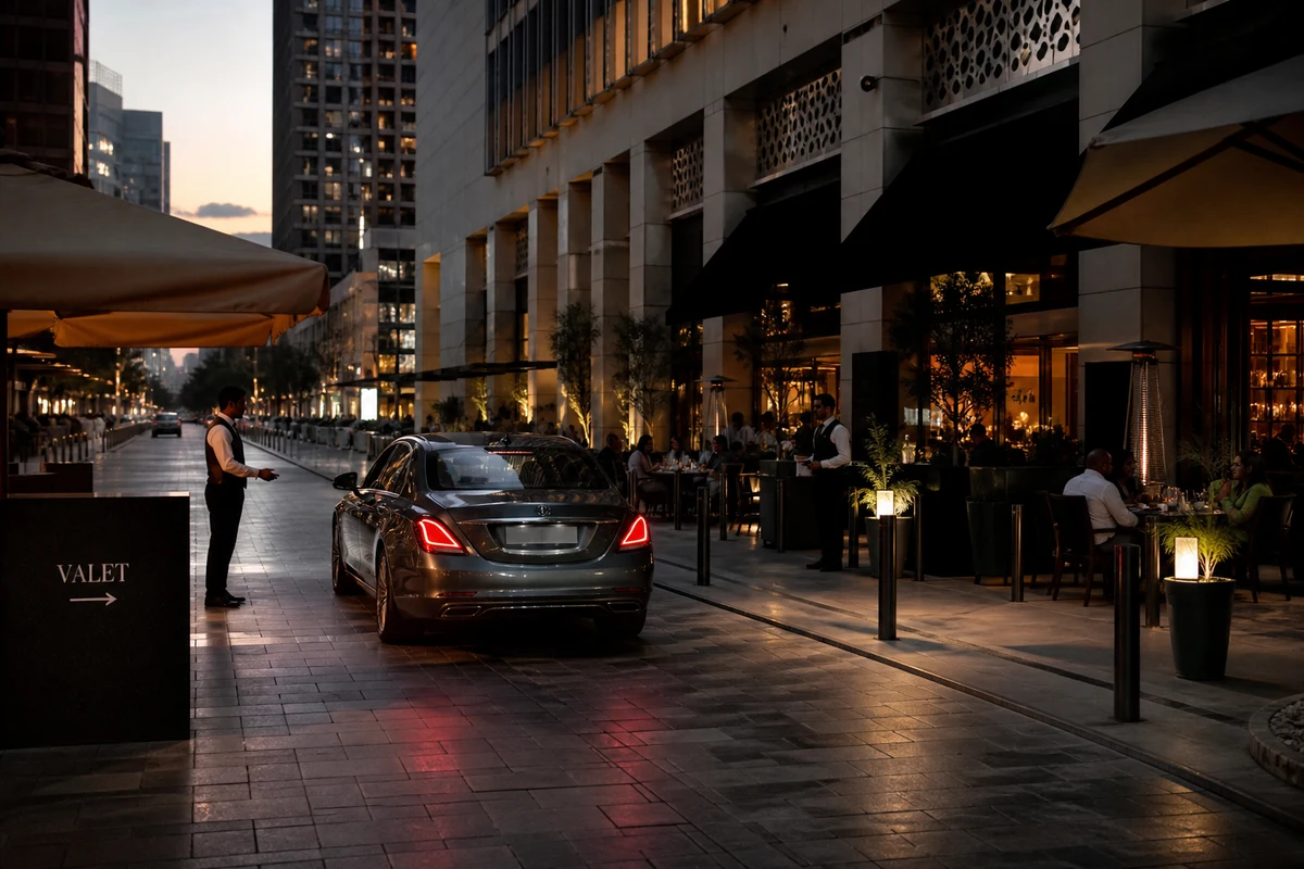 DIFC car rental guide evening at Gate Avenue restaurants with a luxury sedan at valet
